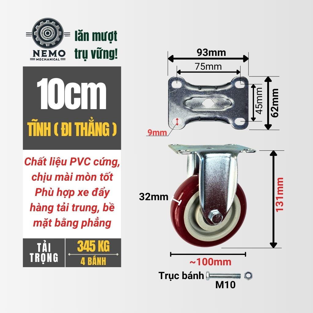 Bánh Xe Đẩy PVC Đỏ Mận – Càng Thép Dày 2.3mm (D75, D100, D125)